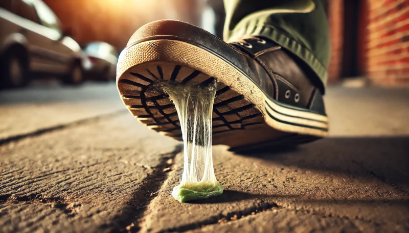 劣化した靴底にこびりついたガムが、ひび割れた歩道の上で引き伸ばされている様子。消えない真実と逃れられない運命の象徴として描かれている。