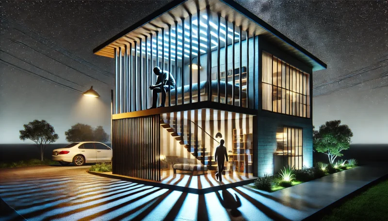 夜の現代的な日本の家の外観。室内に孤独な男性の影が複数の部屋に分断されて映り、窓に落ちる格子状の影が心理的な監獄を象徴している。