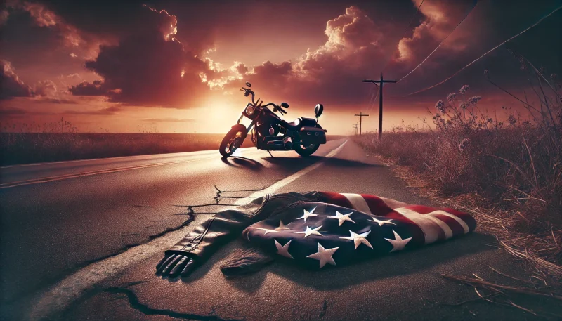 夕暮れの田舎道に横たわるバイクと、シートに置かれた星条旗ジャケット。誰もいない風景が旅の終焉と喪失を象徴している。