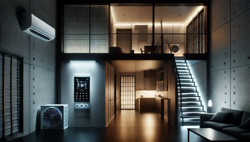 スマートな全館空調を備えた現代的な日本の住宅の室内。夜間、完璧すぎる静けさと陰影が、不穏な雰囲気と密室の緊張感を漂わせている。