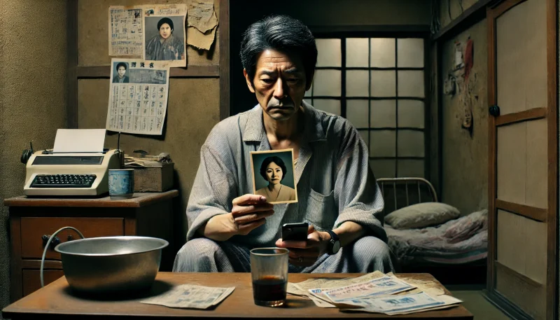 狭く薄暗い部屋で家族写真を見つめる中年の日本人男性が、背後にスマホを隠しながら葛藤を抱えている様子。愛情と罪の間で揺れる心理を表現した場面。