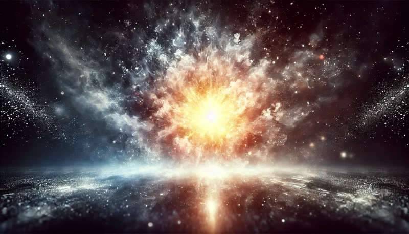 「爆発的に広がるエネルギーの光が、暗闇の中に静かに溶け込む象徴的な光景。魂の解放や宇宙的次元への移行を抽象的に表現した、再生と超越を感じさせる構図。」