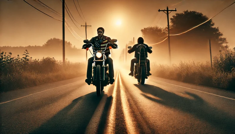 朝焼けの中、アメリカ南部の田舎道を走る2人のライダー。星条旗柄のジャケットを着た男が先導し、静かな自由の旅立ちを象徴する情景。