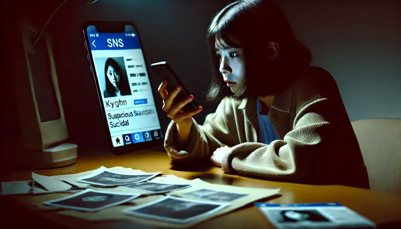深夜の部屋でスマホを見つめる日本人女子中学生。画面には自殺志願者を誘うSNSアカウントが映っており、彼女の顔には驚きと衝撃が表れている。