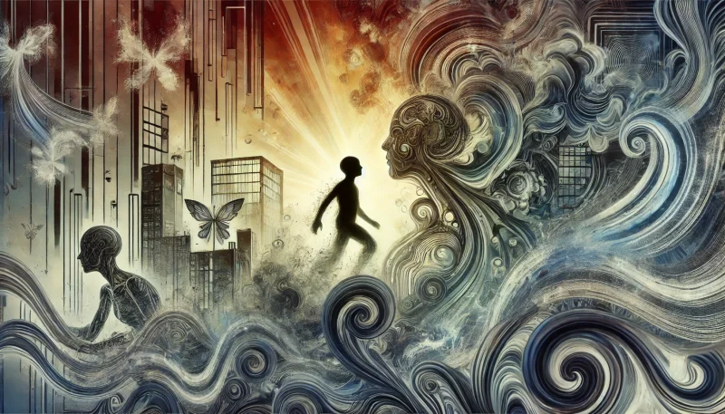 　「精神崩壊を象徴する抽象的な未来都市。ねじれた有機的構造と金属片が渦を巻く中心に光の空洞があり、精神的未熟さと内的崩壊を示唆する象徴的構図。」