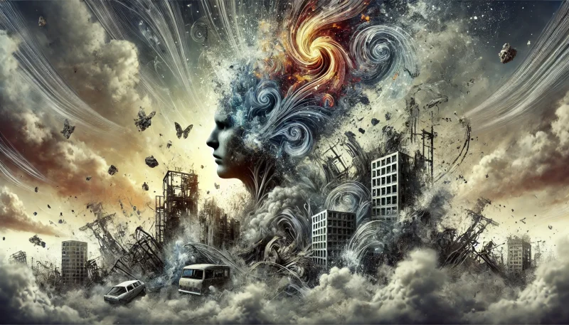 　「シルエット状の人物が周囲の混沌としたエネルギーと融合し始める象徴的なビジュアル。都市と有機構造が交差する背景が、思春期の不安定なアイデンティティと成長の苦悩を暗示している。」