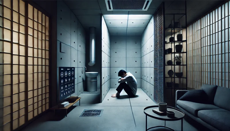現代的な日本の密閉空間で、頭を抱えてうずくまる男性。完璧に整った空間の中で孤立し、精神的に追い詰められている様子が冷たい照明の下に描かれている。