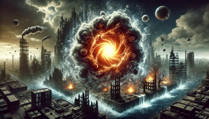 　「暗い空の下、廃墟と化した都市に広がる渦巻くエネルギーと歪んだ構造体。金属的な破片と生体的なパターンが融合した抽象表現が、科学と身体の融合的崩壊を象徴している。」