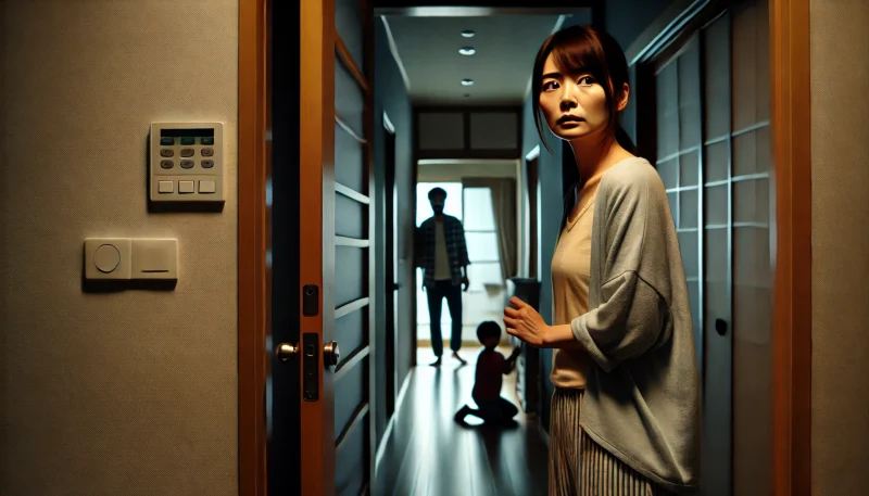 現代的な日本の住宅内で、不安そうな表情の30代の日本人女性が子どもを抱きかかえ、背後の暗い廊下を警戒しながらドア付近に立っている。恐怖と緊迫感が漂う瞬間。