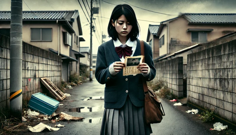 荒れた都市の路地を一人で歩く日本人女子中学生が、手にした写真を見つめながら父親の行方を探している様子。孤独と決意がにじむ緊迫した情景。