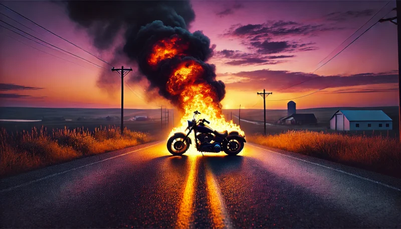 夕暮れの田舎道で燃え上がるバイク。紫とオレンジの空に立ち上る黒煙が、崩壊する夢と自由の終焉を象徴している。