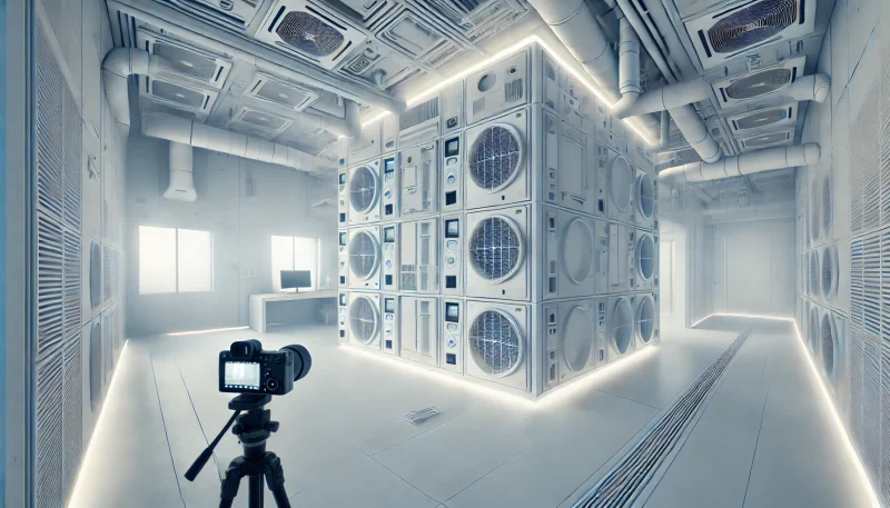 高気密・高断熱の日本の住宅内部。全館空調の通気口やダクトが壁や天井に組み込まれ、無人で無機質な空間にわずかな霧が漂い、不穏な雰囲気を放っている。