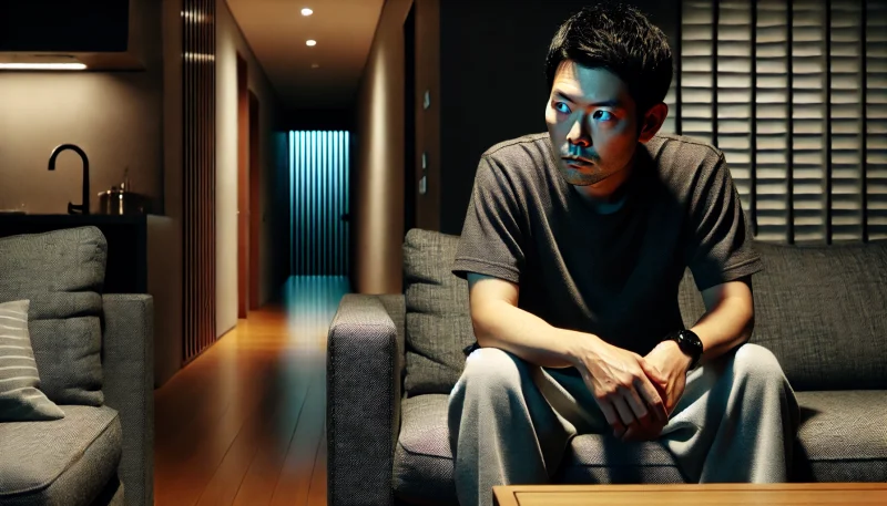 現代的なリビングに一人で座る30代の日本人男性が、暗い廊下を不安げに見つめ、強い緊張と疑念に満ちた表情を浮かべている。