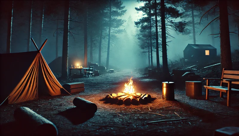 夜の森にぽつんと灯るキャンプファイヤーと放置されたキャンプ道具。静寂と不安が漂い、孤立と迫る危機を象徴する場面。