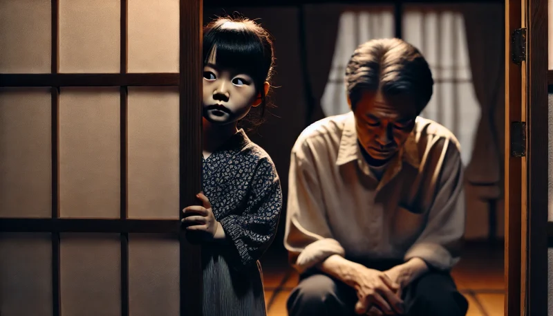 自宅の暗い廊下から、父親の異変を見つめる日本人少女。部屋の中でうなだれる父を見つめるその目には、不安と観察の鋭さが宿っている。