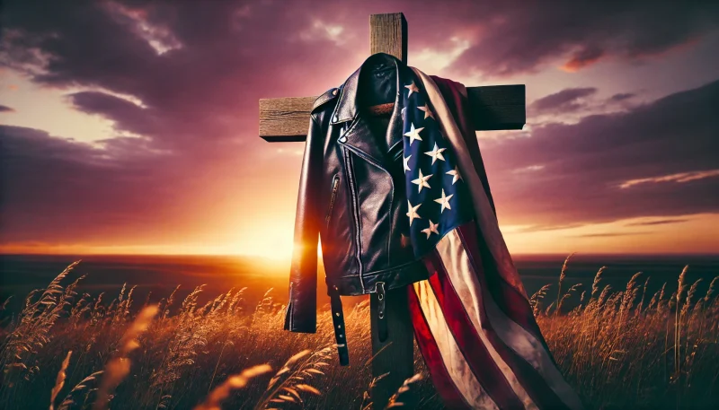 夕焼けに染まる草原に立つ木製のポストにかけられた星条旗柄ジャケット。静かな空気が理想と現実の落差を象徴する情景。