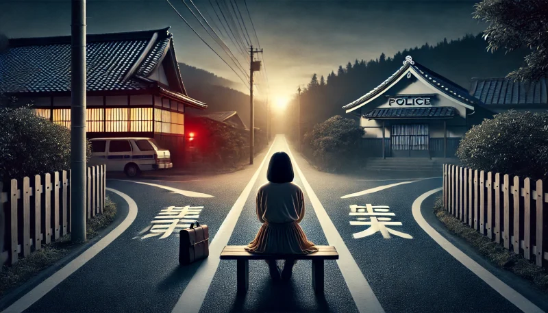 夕暮れの交差点に佇む日本人少女が、警察と家の道を前に進むべき方向を迷い、ベンチで頭を抱えている姿。正義と家族愛の間で揺れる葛藤を象徴している。