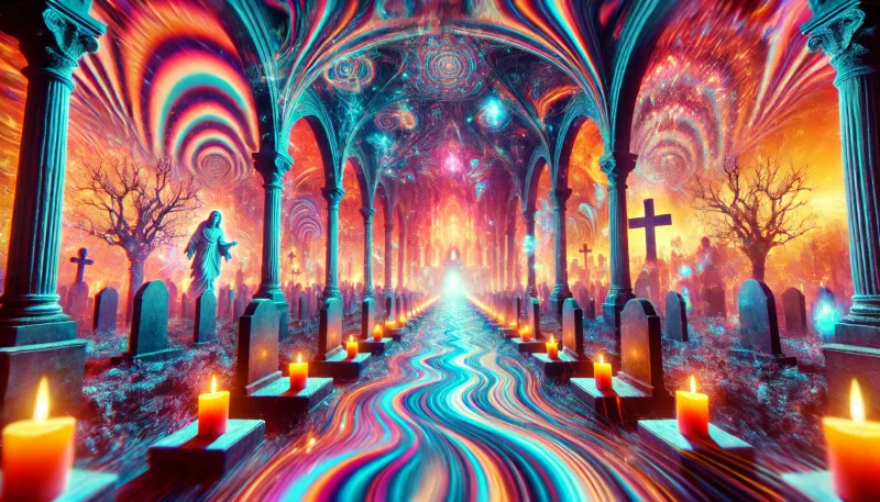 墓地の中で揺らめくろうそくと宗教的な象徴が浮かぶ幻覚的な情景。精神的混乱と儀式的な不安を象徴するサイケデリックな風景。