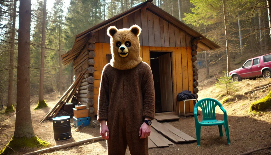 昼間の森の中で、不自然な手作りマスクを被った人物がポーズを取る。背景には粗末な小屋があり、チープなホラー映画風。