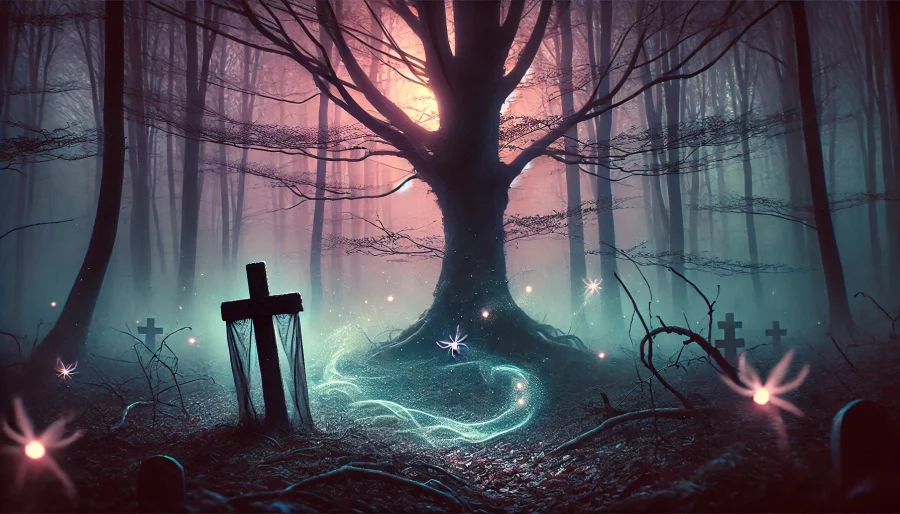 夕暮れの幻想的な森。墓標のそばに風に揺れるリボンがあり、淡い光を放つホタルが幻想的な雰囲気を演出。
