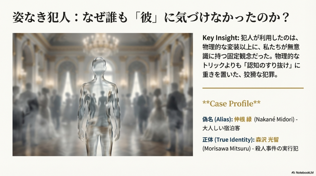 華やかな会場に立つ透明な人物像と、偽名「仲根緑」、正体「森沢光留」を対比させたケースプロファイルのスライド