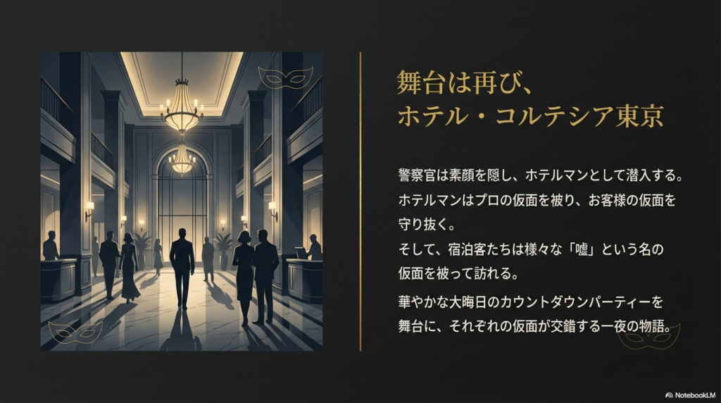 ホテル・コルテシア東京のロビーのイラスト。大晦日のカウントダウンパーティーを舞台に、潜入捜査が始まることを示唆する説明文。