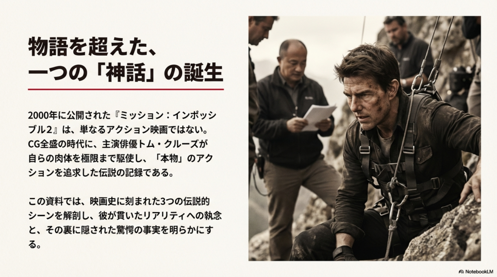 断崖絶壁でハーネスを装着し、険しい表情で精神を研ぎ澄ませるトム・クルーズ。背景にはスタッフの姿。