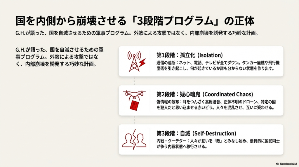 映画内で語られる軍事プログラムの解説。第1段階「孤立化」、第2段階「疑心暗鬼」、第3段階「自滅」のフローチャート。