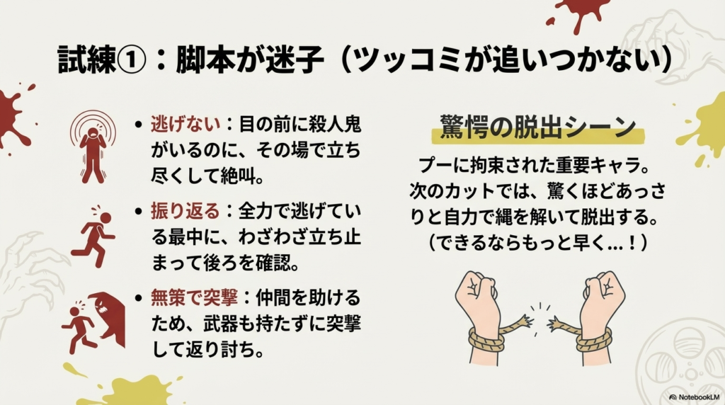 「試練①:脚本が迷子」というタイトル。縛られた腕を引きちぎるイラストと共に、逃げずに叫ぶ、無策で突撃するといった不可解な行動や、あっさり自力で脱出するシーンへのツッコミ。