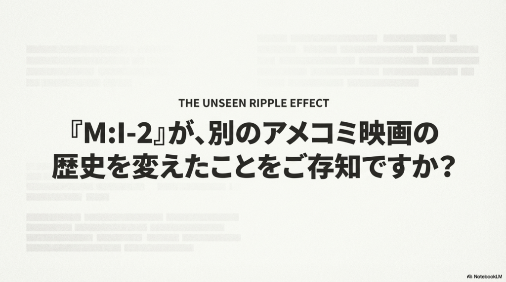 第1作のヒッチコック的サスペンスと、第2作の圧倒的アクションの違いを比較し、世界興行収入1位の成功を記したスライド。