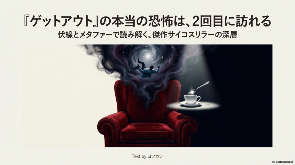 映画『ゲットアウト』のタイトルロゴと、カップに落ちていく男性のイラスト。2回目こそが本番であることを示唆するスライド表紙。