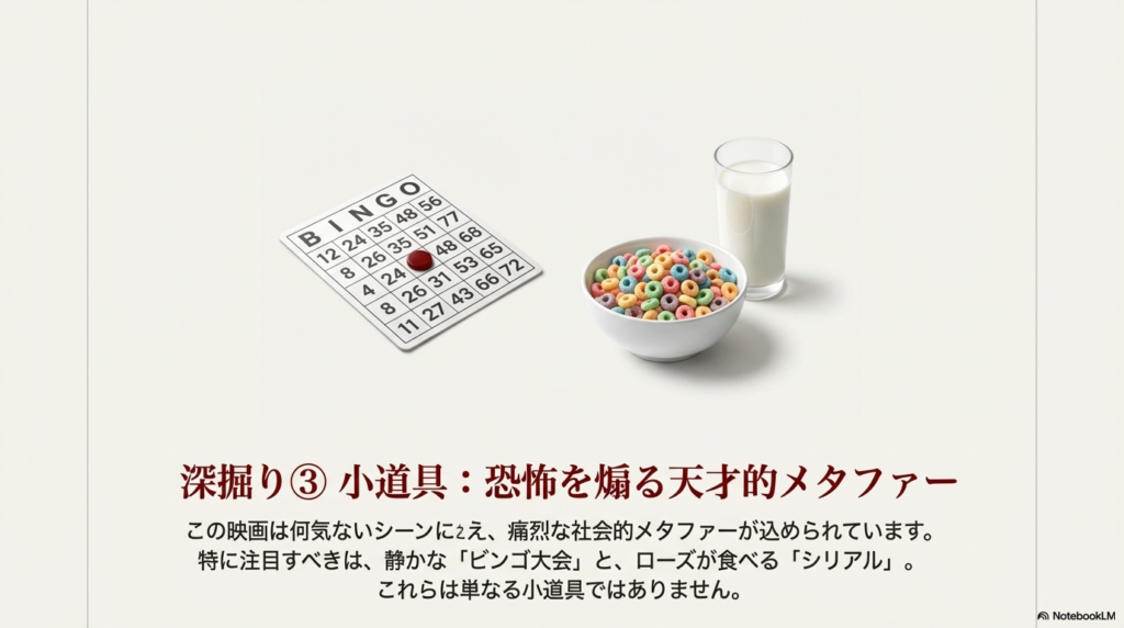 庭でのビンゴ大会の様子と、カラフルなシリアルと牛乳を分けた画像のセット。奴隷オークションと人種分離意識の隠喩(メタファー)であることを解説。