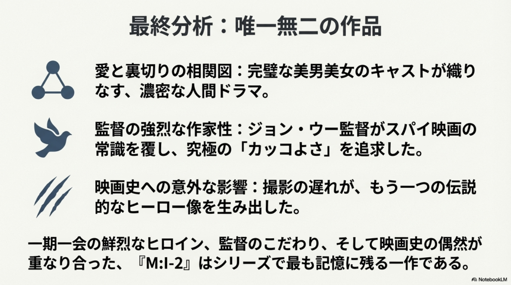 キャスト、作家性、映画史への影響の3点を振り返り、本作がなぜ唯一無二なのかをまとめたスライド。