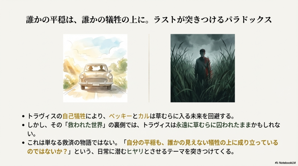 草むらを脱出するベッキーたちの車と、草むらに一人残るトラヴィスの後ろ姿の対比。誰かの平穏は誰かの犠牲の上に成り立つというパラドックスを示している。