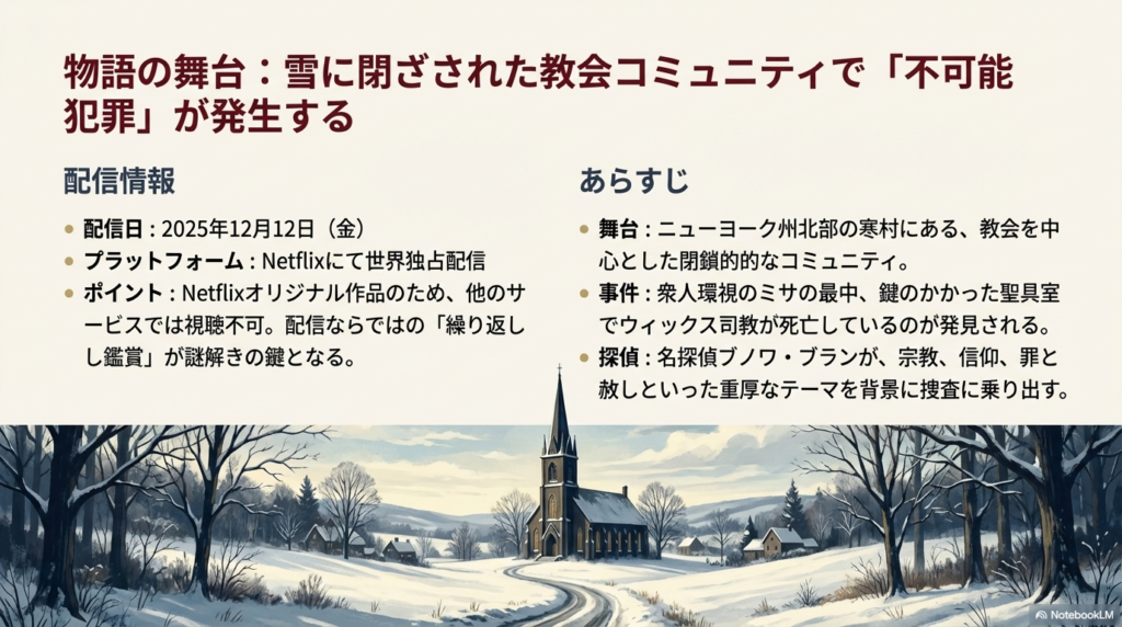 2025年12月12日配信開始、舞台は雪に閉ざされた教会コミュニティであることを示した概要スライド。
