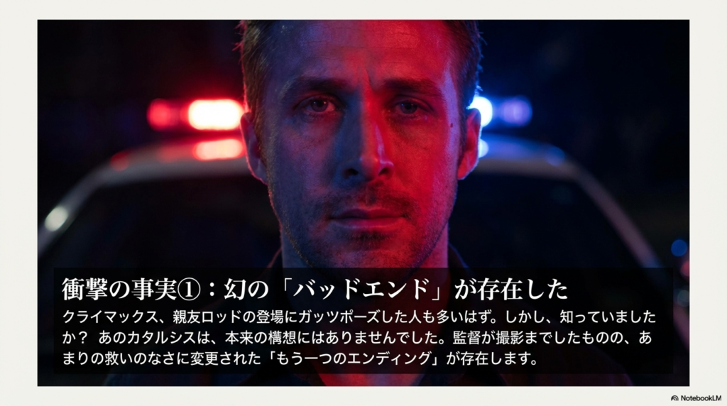 映画『ゲットアウト』の幻のエンディングについての解説スライド。救いのない結末が用意されていたことに言及している。