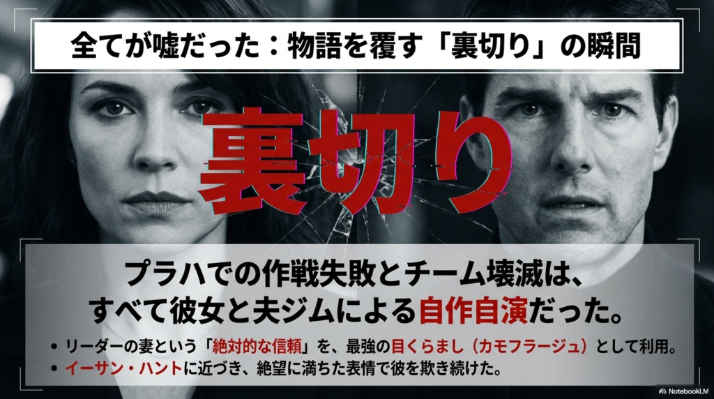 プラハでの作戦失敗がジムとクレアによる自作自演であり、イーサンを欺くためのカモフラージュであったことを示すスライド 。