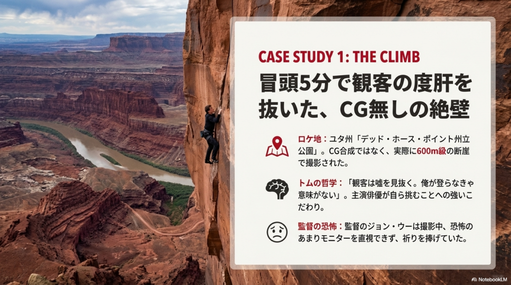 ユタ州の600m級の断崖で撮影されたこと、トムのスタントへのこだわり、監督ジョン・ウーの恐怖を解説するスライド。