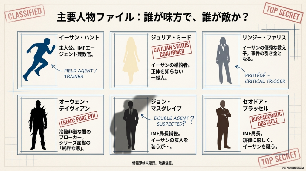 主要登場人物のシルエットと解説。イーサン（主人公）、ジュリア（婚約者）、リンジー（教え子）、デイヴィアン（悪のブローカー）、マスグレイブ（局長補佐）、ブラッセル（局長）の役割がまとめられている。