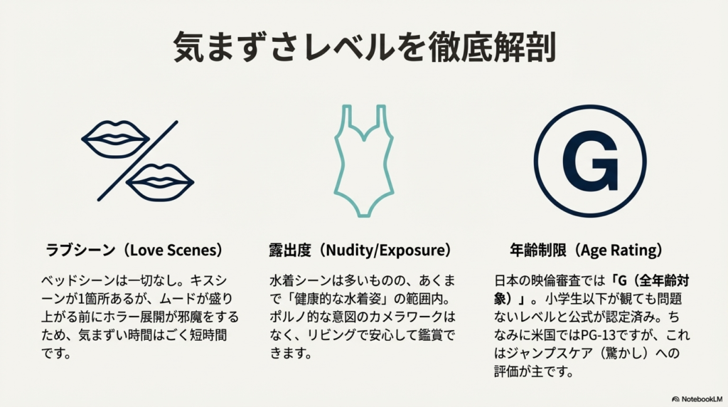 ラブシーン、露出度、年齢制限（G区分）の詳細を解説したアイコン付きのスライド