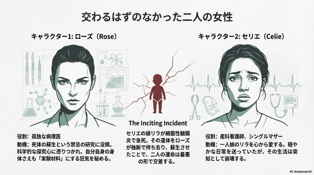 孤独な病理医ローズと産科看護師セリエの紹介。娘リラの死をきっかけに二人の運命が交差する「インサイティング・インシデント（動機となる事件）」の解説。