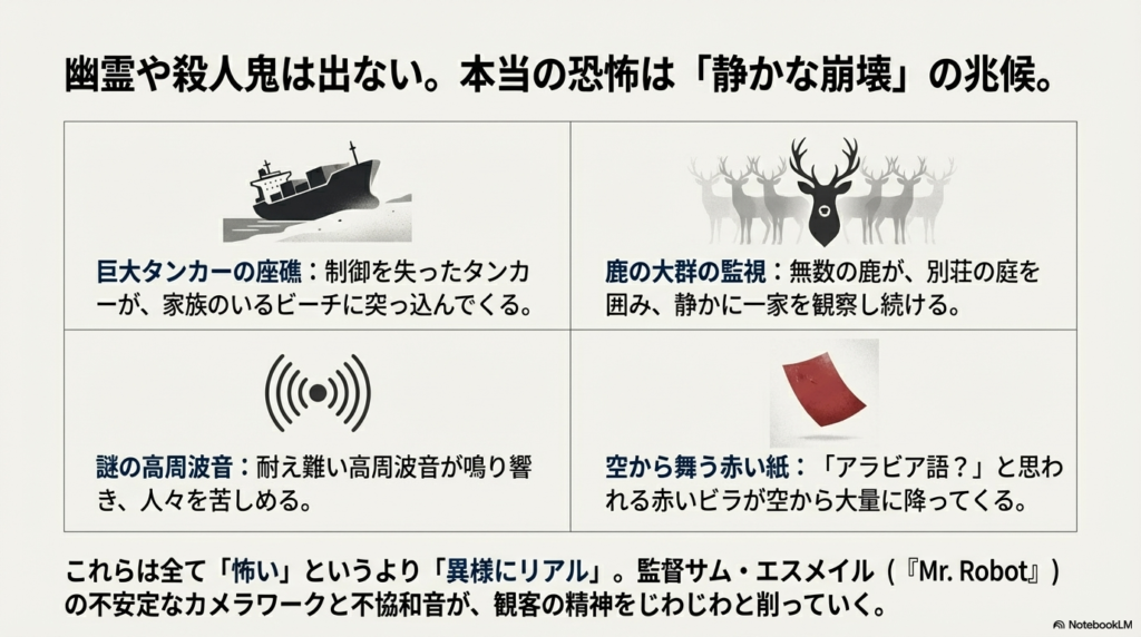 巨大タンカーの座礁、鹿の大群の監視、謎の高周波音など、映画内で発生する「静かな崩壊」の不気味な現象一覧。