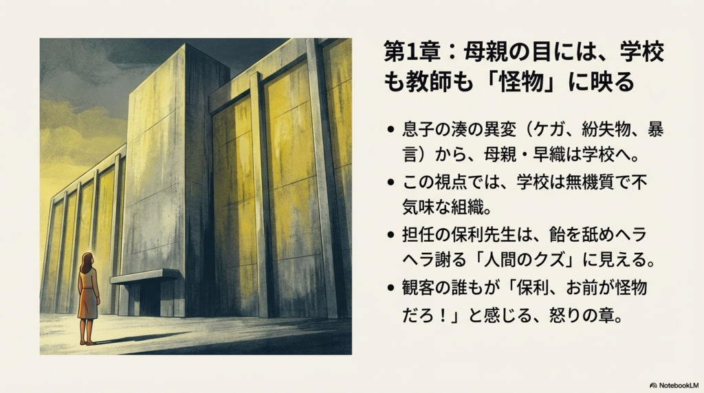 無機質で巨大な壁のような学校を見上げる女性の背中のイラスト。学校や教師が不気味な組織・怪物に見える第1章の視点を表現。