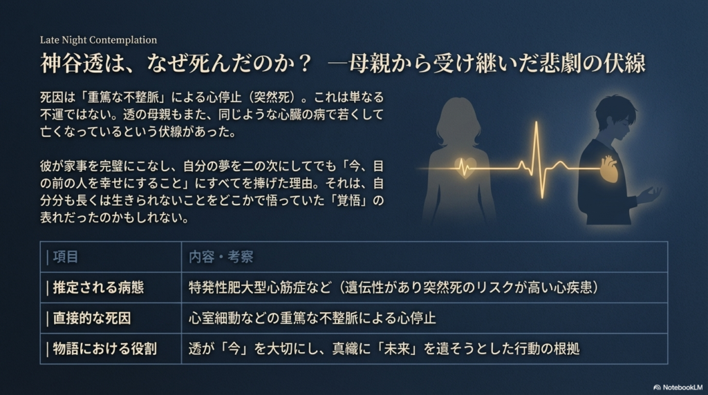 神谷透の死因である「重篤な不整脈」と、母親からの遺伝の可能性、そして彼が「今」を大切にした理由をまとめた比較表スライド。