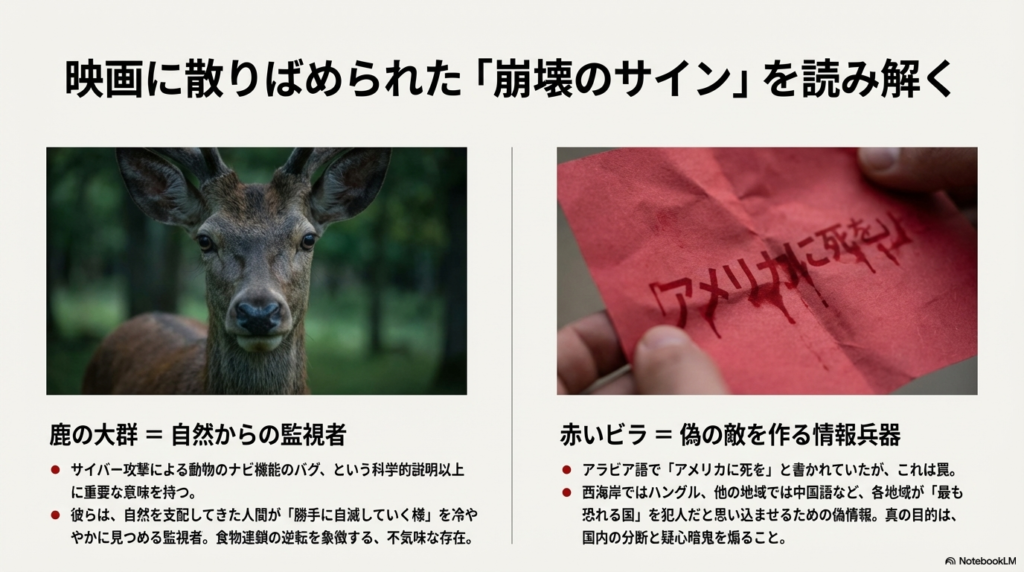 こちらを見つめる鹿のアップと、地面に落ちた「アメリカに死を」と書かれた赤いビラの画像。自然からの監視と情報兵器についての解説。