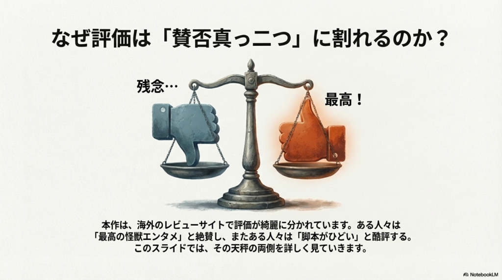 Facebook風の「いいね(Good)」マークと「よくないね(Bad)」マークが天秤にかけられ、左右が釣り合っているイラスト。