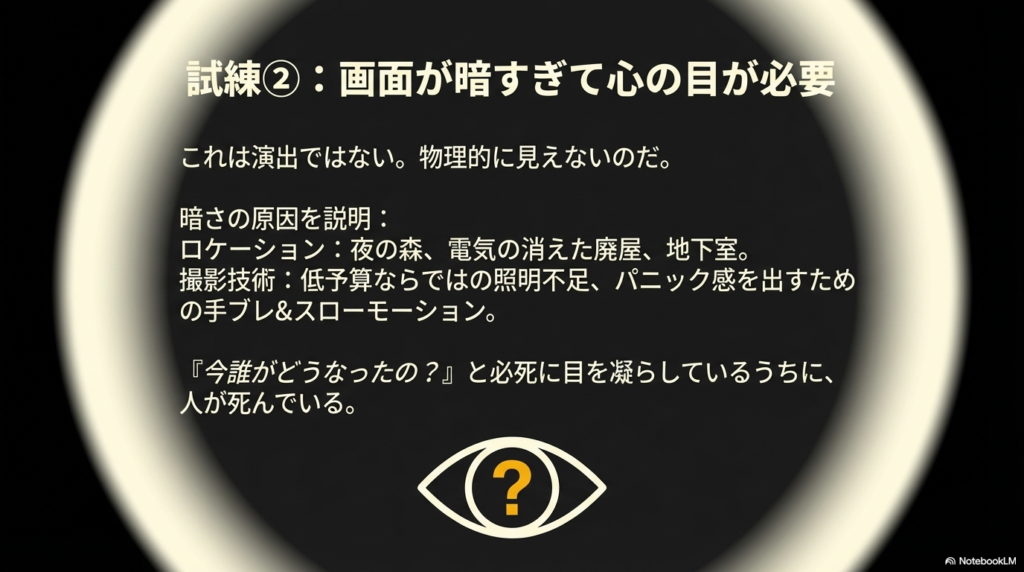 目の中に「?」マークがあるイラスト。「試練②:画面が暗すぎて心の目が必要」というタイトルと、照明不足や手ブレなどの原因解説。