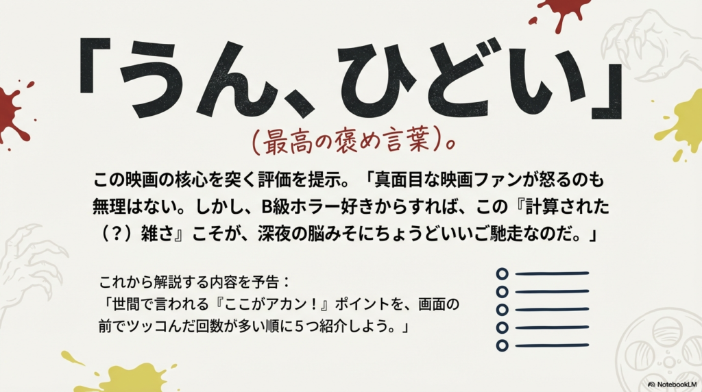 「うん、ひどい(最高の褒め言葉)」という大きな文字と、B級ホラー好きにとっては計算された雑さがご馳走であるという解説文。