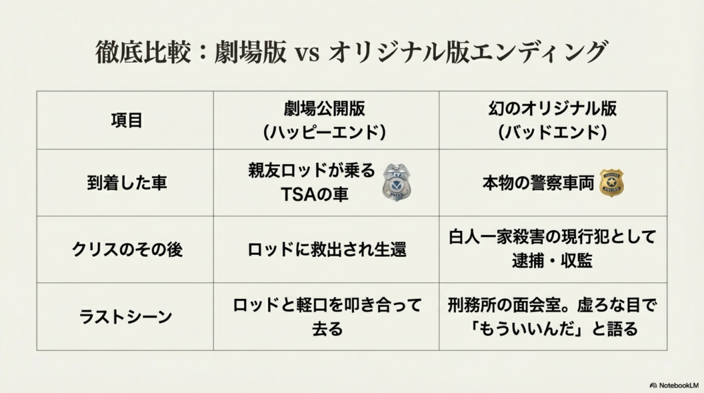 劇場公開版のハッピーエンドと、幻のオリジナル版バッドエンドの内容を比較した表。到着した車やクリスのその後が大きく異なる。