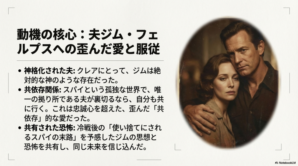 夫ジムを絶対的な神とし、スパイの世界で孤立した二人が結んだ共依存的な関係を説明するスライド 。